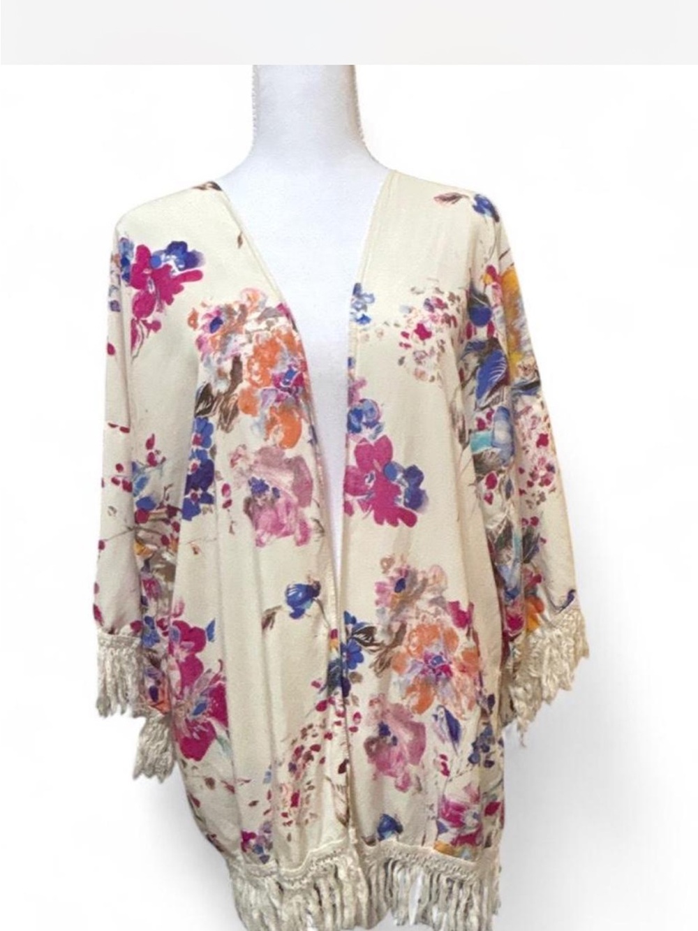 Umgee USA Floral Fringe Kimono Cardigan Size L Boho Open Front Duster Coverup